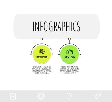 İki adımlı bilgi çemberleri, etiketler. Çizgi vektör şablonu. Diyagram, iş dünyası, web, banner, iş akışı düzeni, sunumlar, akış şeması, bilgi grafiği, zaman çizelgesi, içerik, seviyeler için kullanılabilir.