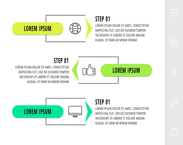 Vector Infographics Design Template Met Pijlen Drie Stappen Moderne Lijn — Stockvector