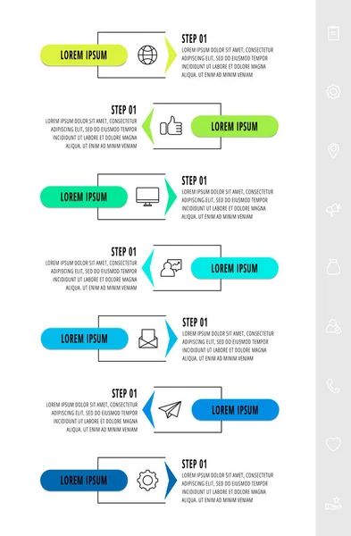 Векторный Инфографический Дизайн Шаблон Стрелками Семь Шагов Современная Линейная Концепция — стоковый вектор