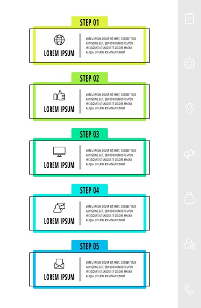 Etiketli vektör bilgi grafikleri tasarım şablonu. Beş adım. Modern çizgi konsepti diyagram, iş dünyası, web, afiş, akış şeması, bilgi grafiği, zaman çizelgesi, içerik, seviyeler için kullanılabilir. Veri görselleştirme.