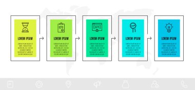 Zaman çizelgesi yaratıcı doğrusal bilgi grafikleri şablonu. Beş seçenekli iş vektör illüstrasyonu, oklar. İşlem şeması, sunumlar, bilgi grafiği, pankart, akış şeması, sunum için kullanılabilir