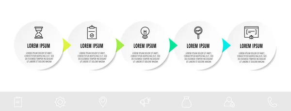 Koła Infograficzne Pięcioma Krokami Strzałkami Szablon Wektora Linii Może Być — Wektor stockowy