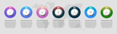Vektör şablonu bilgi grafikleri. 7 seçenekli ve parçalı iş konsepti. İçerik, akış şeması, zaman çizelgesi, seviyeler için yedi adım