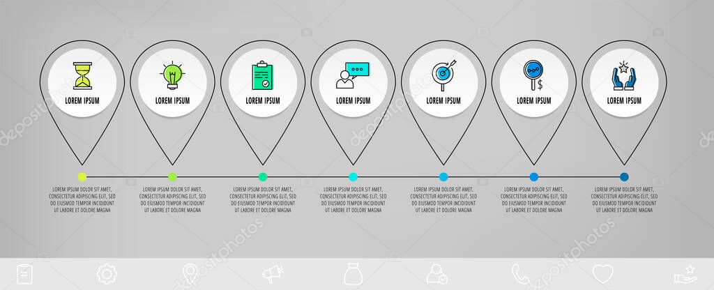Infographics circles with 7 steps, icons. Flatline vector template. Can be used for seven business, web, workflow layout, flowchart, info graph, chart, processes diagram. Data visualization.