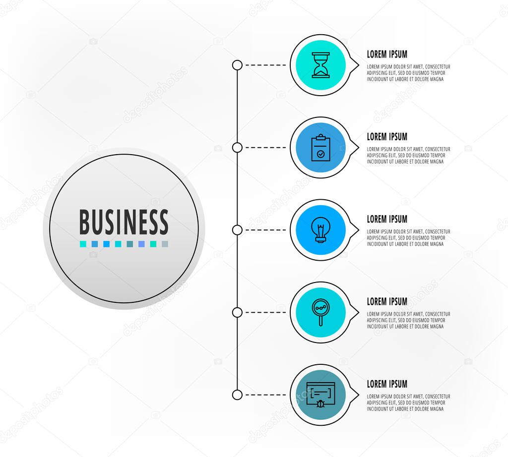 Infographics circles with 5 steps, icons. Flatline vector template. Can be used for five diagrams, business, web, banner, presentations, flowchart, info graph, timeline, content, levels, chart
