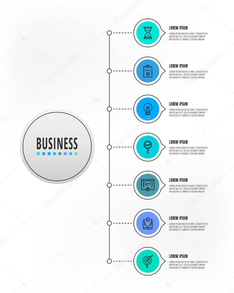 Infographics circles with 7 steps, icons. Flatline vector template. Can be used for seven business, web, workflow layout, flowchart, info graph, chart, processes diagram. Data visualization.