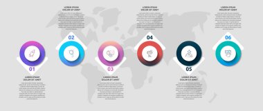 6 daireli ve oklu bilgi grafikleri. Modern vektör şablonu. Altı diyagram, iş yeri, web, afiş, sunum, akış şeması, bilgi grafiği, zaman çizelgesi, içerik, seviye, grafik için kullanılabilir