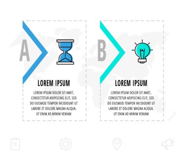 İki ok ve ikonlu bilgi okları. Çizgi vektör şablonu. Diyagram, iş dünyası, web, banner, iş akışı düzeni, akış şeması, bilgi grafiği, zaman çizelgesi, içerik, seviyeler, grafik için kullanılabilir