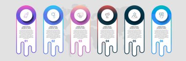 6 daire ve etiketli bilgi grafikleri. Soyut vektör şablonu. Altı diyagram, iş yeri, web, afiş, sunum, akış şeması, bilgi grafiği, zaman çizelgesi, içerik, seviye, grafik için kullanılabilir
