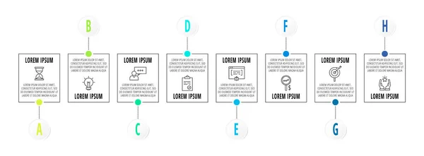 8つの円とラベルを持つインフォグラフィック 抽象ベクトルテンプレート 8つの図 ビジネス ウェブ バナー フローチャート 情報グラフ コンテンツ チャート — ストックベクタ