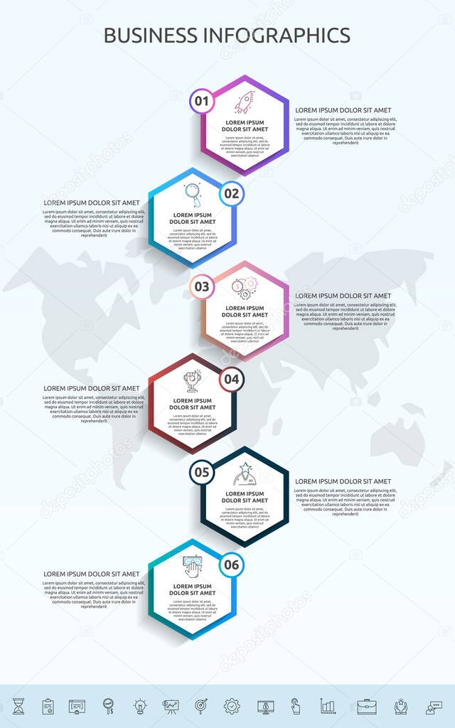 Infographics hexagon with 6 circles, labels. Vector template used for diagram, web, banner, workflow layout, flowchart, info graph, timeline, content, levels, chart, processes diagram