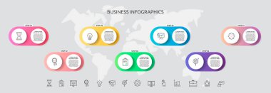 Yedi simge, diyagram, grafik, sunum için vektör bilgi şablonu daireleri. 7 seçenekli iş konsepti. İçerik, akış şeması, adımlar, zaman çizelgesi, pazarlama, pankart, seviyeler, web, grafik