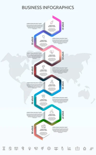 Векторный Инфографический Шаблон Шестиугольников Восьми Иконок Диаграммы Графика Представления Бизнес — стоковый вектор