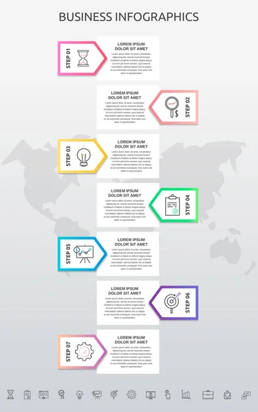 Инфографический Прямоугольник Семью Шагами Стрелками Векторный Шаблон Используемый Диаграммы Бизнеса — стоковый вектор