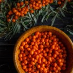 To view of berries and branches of sea buckthorn on a dark wooden background