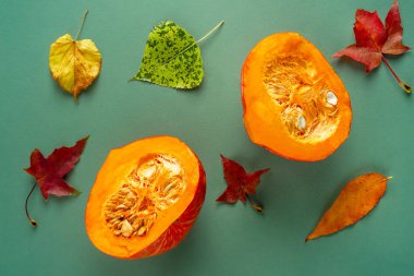 Yarım kabak, yeşil arka plan üzerinde sonbahar yaprakları çeşitli