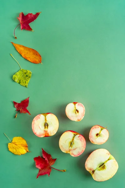 Осінній тематичний плоский ліжко з декількох свіжих порізаних яблук і різних листя на зеленому фоні — стокове фото