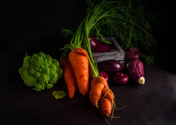 Berbagai sayuran segar termasuk wortel dengan puncak, terong, kubis romanesco dengan latar belakang gelap — Stok Foto