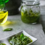 Homemade green pesto, close up