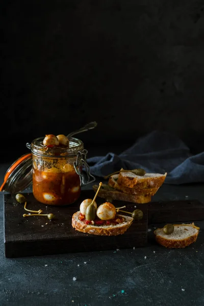 Piedmont Marinated Quail Eggs Bread Dark Rustic Background — Free Stock Photo