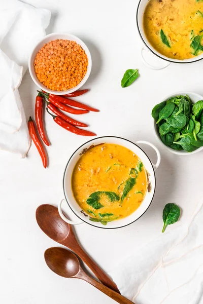 Asian Style Lentils Cream Soup Fresh Spinach Red Chili Peppers — Free Stock Photo