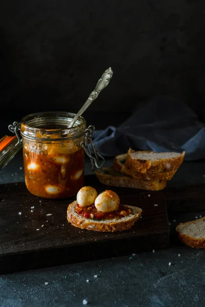 Uova Quaglia Marinate Del Piemonte Barattolo Vetro — Foto Stock