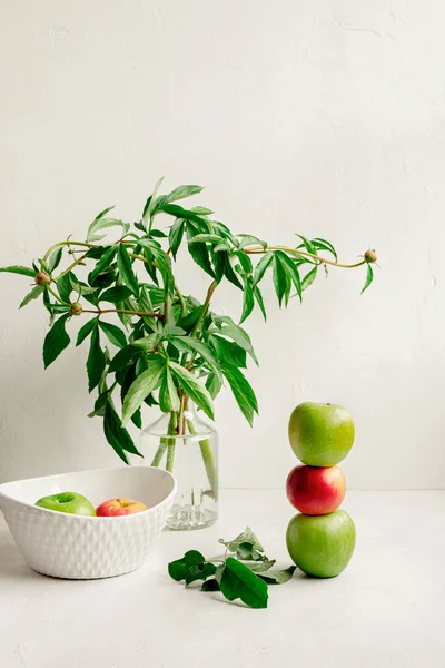 现代静谧的生活 花瓶里有一束花 红的和绿的苹果堆叠在一起 白色的内部 垂直图像 — 图库照片