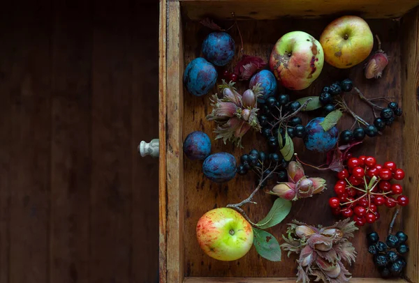 Variety Garden Fruits Berries Small Wooden Box Top View Copy — Stock Photo, Image