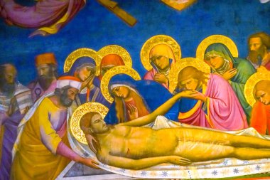 Florence, İtalya - 24 Eylül 2017 İsa çarmıha germe sunak boyama Saint Charles San Carolo dei Lombardi Kilisesi Mesh Floransa İtalya. 1300'ler resminden.