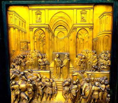 King Solomon ve Sheba Gates cennet Ghiberti Bronz kapı Bapistry Duomo Katedrali kilise Floransa İtalya'nın kraliçesi. Bapistry 1100s içinde oluşturuldu. Lorenzo Ghiberti tarafından erken 1400s Bronz kapı oluşturulan.