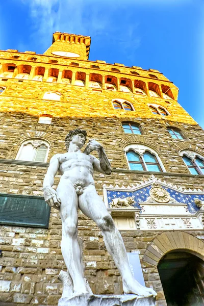 Michelangelo David Replika Sochy Piazza Signoria Palazzo Vecchio Florence Tuscany — Stock fotografie