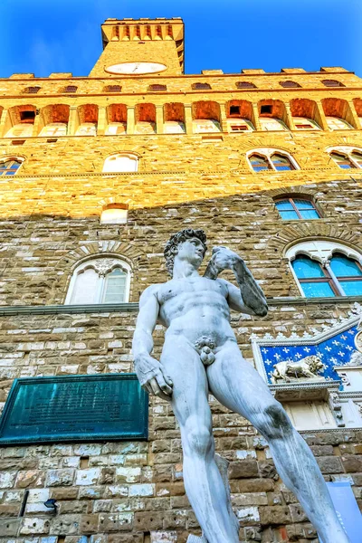 Michelangelo David Replika Sochy Piazza Signoria Palazzo Vecchio Florence Tuscany — Stock fotografie