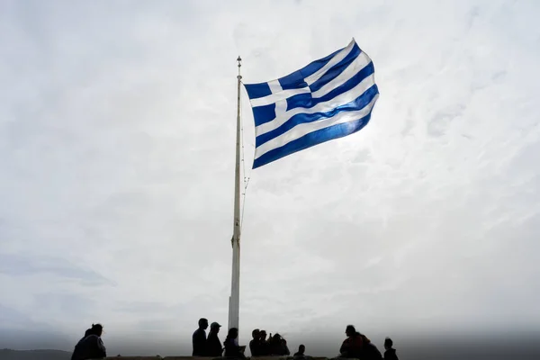 Blue White Greek Flag Summit Acropolis Athens Greece Cross Symbolizes — Stock Photo, Image