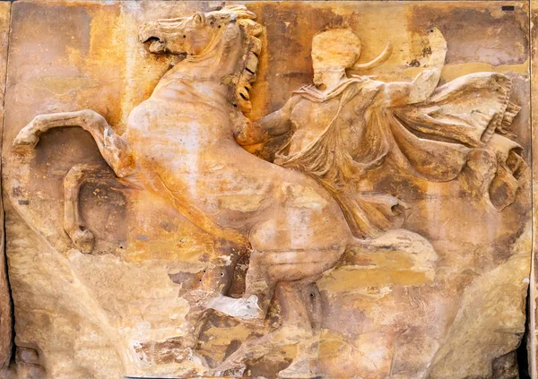 Atina, Yunanistan - 5 Mart 2018 Kral at paneli Parthenon Tapınağı Akropol Atina Yunanistan. Parthenon Tapınağı M.ö. 438 oluşturulur ve antik Yunan sembolüdür. Üst Parthenon şimdi Acropolis Museum panelleri. 