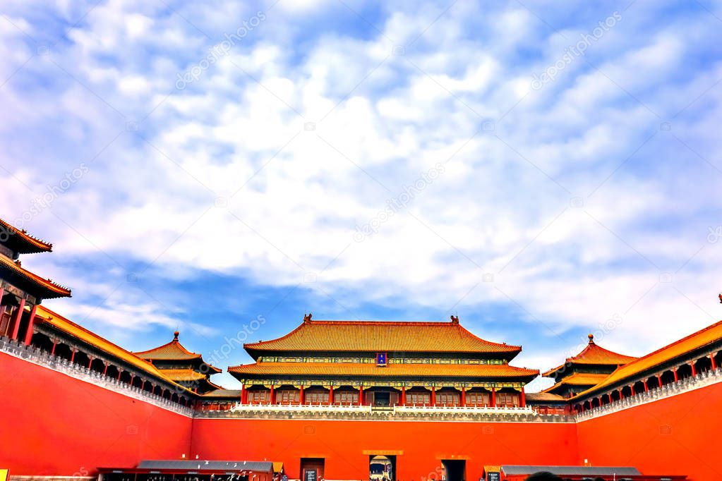 Meridian Gate Gugong Forbidden City Palace Wall Beijing China. Emperor's Palace Built in the 1600s in the Ming Dynasty