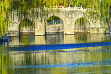 Köprü yeşil Willows yeşim çiçek Adası Pekin Çin Beihai oluşturulan Parkı 1000ad