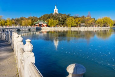 Yongan köprü Budist beyaz Stupa Dagoba kapısı yeşim çiçek Adası Pekin Çin Beihai oluşturulan Parkı 1000ad. 1600'lerde inşa stupa