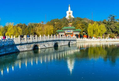 Yongan köprü Budist beyaz Stupa Dagoba kapısı yeşim çiçek Adası Pekin Çin Beihai oluşturulan Parkı 1000ad. 1600'lerde inşa stupa.