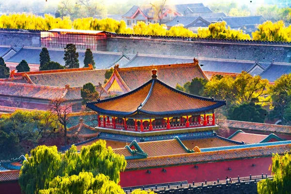 Grey Haze Blue Pavilion Green Trees Forbidden City Beijing Chin — Stock Photo, Image
