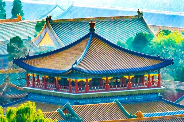 Grey Haze Blue Pavilion Green Trees Forbidden City Beijing Chin — Stock Photo, Image