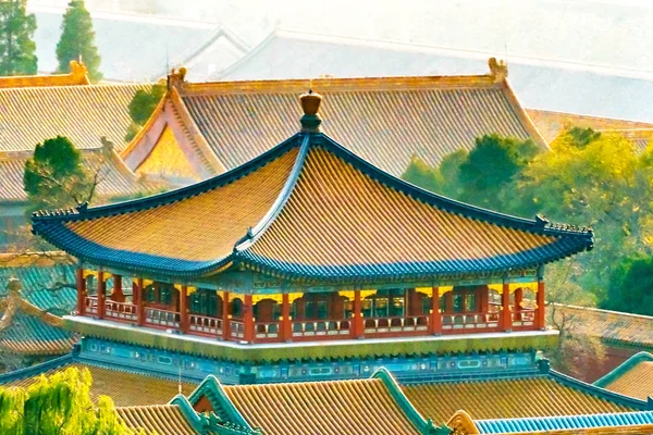 Šedého Zákalu Modrý Pavilon Zelené Stromy Forbidden City Beijing Chin — Stock fotografie