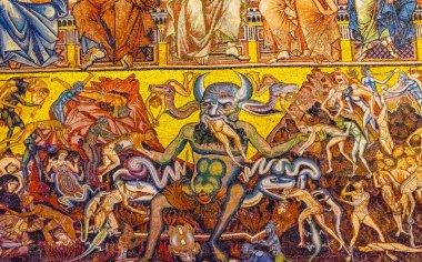 Florence, İtalya - 25 Eylül 2017 Şeytan Şeytan kötü günahkarlar mozaik kubbe Bapistry Saint John Duomo Katedrali kilise Floransa İtalya yiyor yiyor. Bapistry 1050 için 1150, keşiş Jacobus tarafından mozaik 1200s içinde oluşturulan.