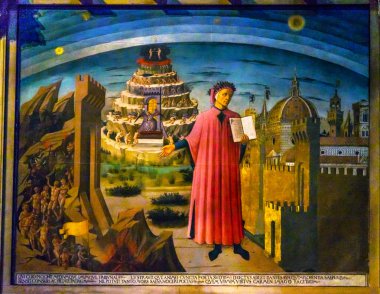Florence, İtalya - 25 Eylül 2017 Domenico di Michelino Dante ilahi komedi resim Duomo Katedrali Santa Maria del Fiore kilise Floransa İtalya. 1465 oluşturulan resim