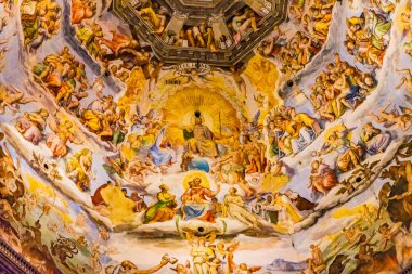Florence, İtalya - 25 Eylül 2017 Giorgio Vasari fresk Jesus Last yargı kubbe Duomo Cathedral Santa Maria del Fiore kilise Floransa İtalya. 