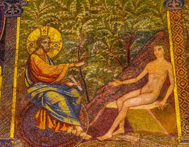 Florence, İtalya - 25 Eylül 2017 İsa Adam İncil hikayeleri mozaik kubbe Bapistry Saint John Duomo Katedrali kilise Floransa İtalya. Bapistry 1150, mozaik Jacobus 1200s hazırlandı.