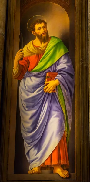 フィレンツェ イタリア 2018 日イタリア フィレンツェ聖バーソロミュー絵画 Orsanmichele 1400 年代からの絵画 バーソロミューは 皮を剥がれた生きたのでナイフに象徴されます — ストック写真