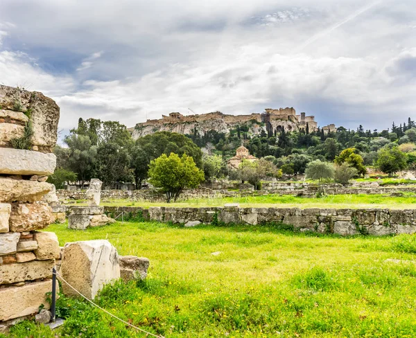 Oude Agora Marktplaats Velden Midden Stoa Parthenon Akropolis Athene Griekenland — Stockfoto