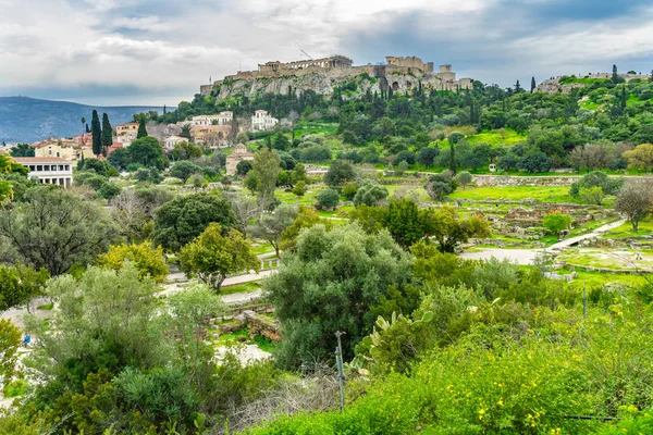 Antigua Ágora Market Place Fields Stoa Attalos Partenón Acrópolis Atenas —  Fotos de Stock