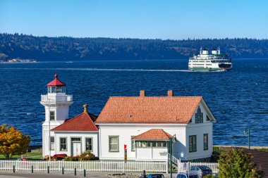 Mukilteo deniz feneri Whidbey Adası feribot Puget Sound Mukilteo Snohomish İlçesi Washington Pacific Northwest. Operasyonel 1906, şimdi Mukilteo deniz feneri Park