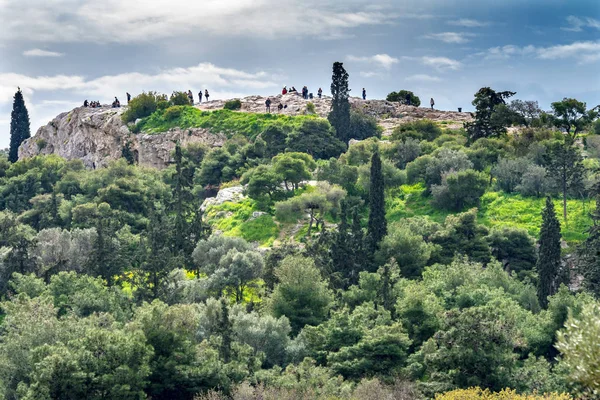 Ancient Agora Market Place Fields Areopagus Saint Paul Rock Athens — Stock Photo, Image